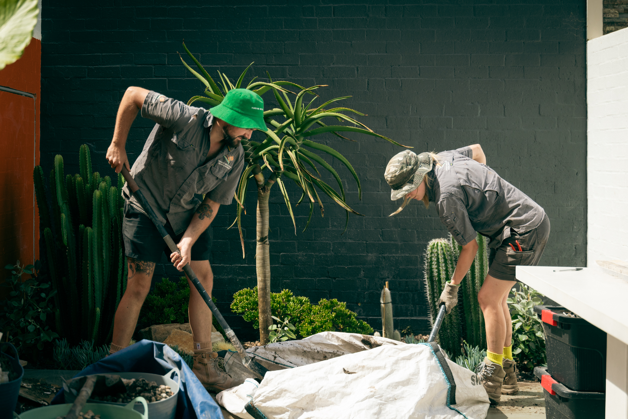 The SurrealScapes team planting a garden bed at dusk